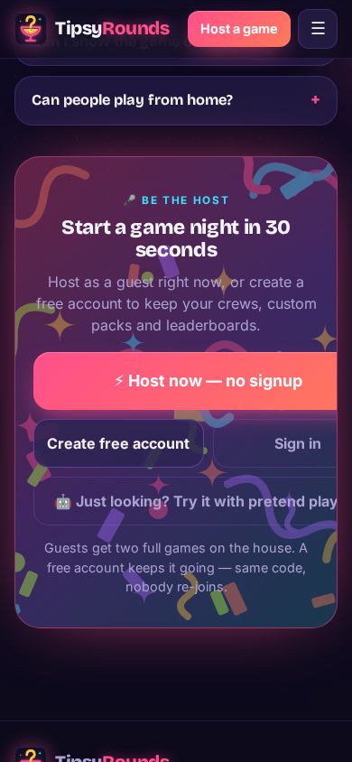 The TipsyRounds home page with the Host now button