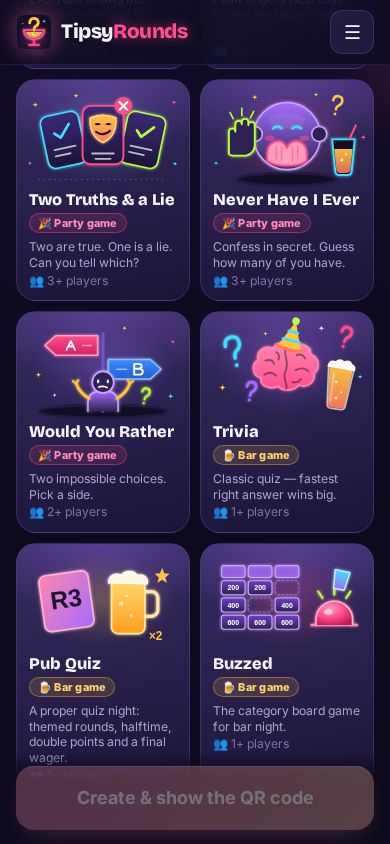 The session builder’s game picker with Trivia highlighted
