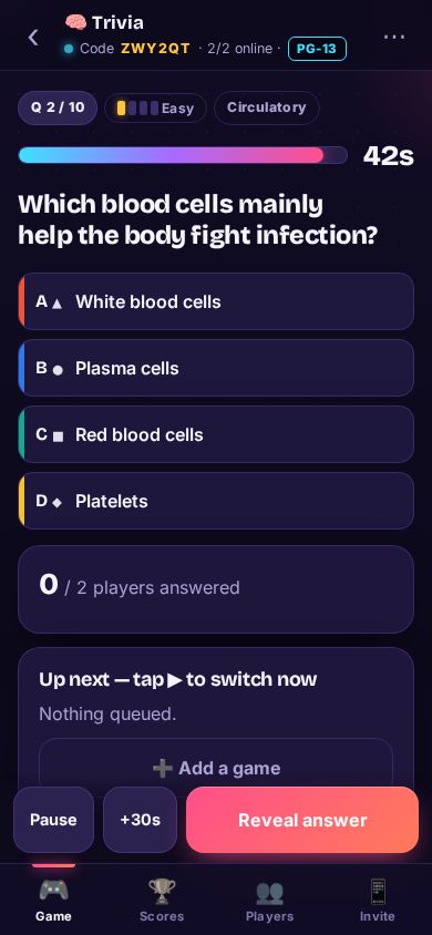 The host phone during a question with Pause, +30s and Reveal answer