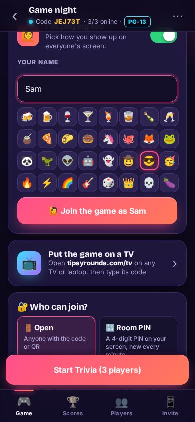 Your name and avatar, and the Join the game button