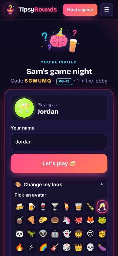 The join screen with a name, avatars and glow colors