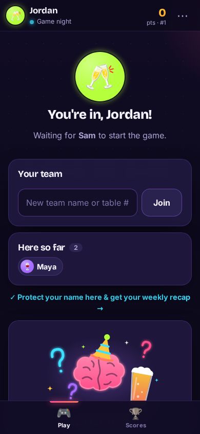 A player phone in the lobby: You’re in, waiting for the host