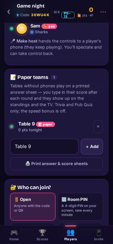 The Paper teams card with Table 9 added