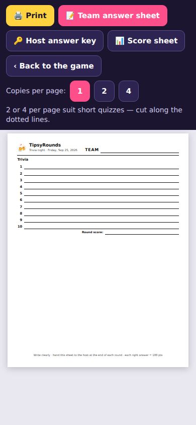 The printable team answer sheet with the Print button
