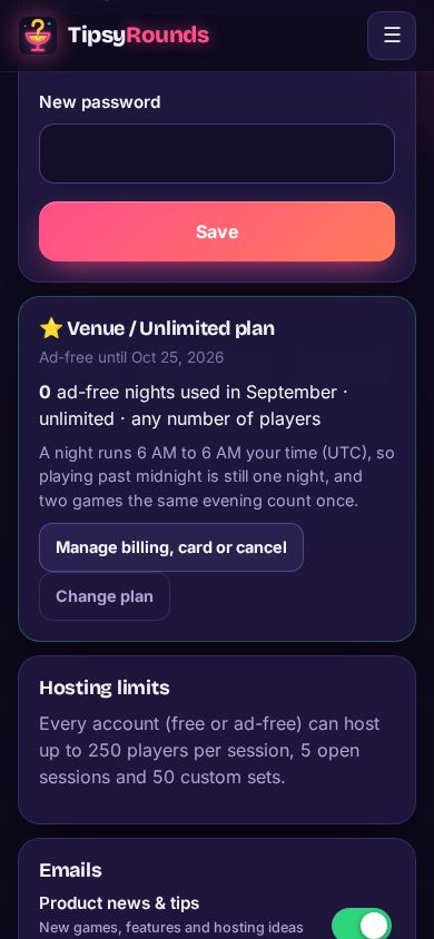 The plan card with Manage billing, card or cancel