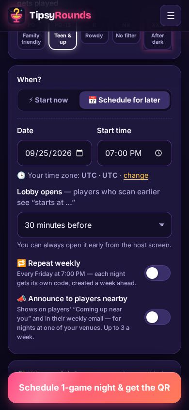 When? with Schedule for later, the date and the start time
