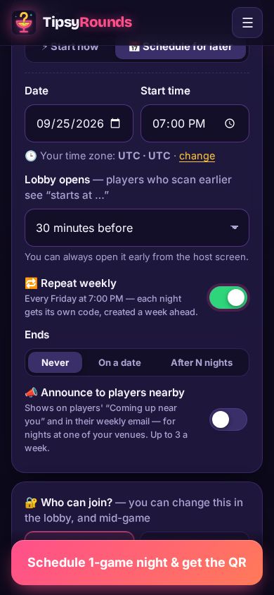 Lobby opens and the Repeat weekly switch