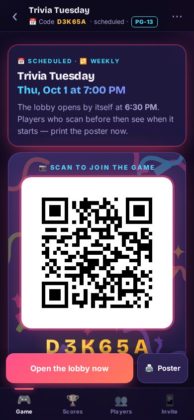 A scheduled nightโs host screen with its date, QR code and Poster button