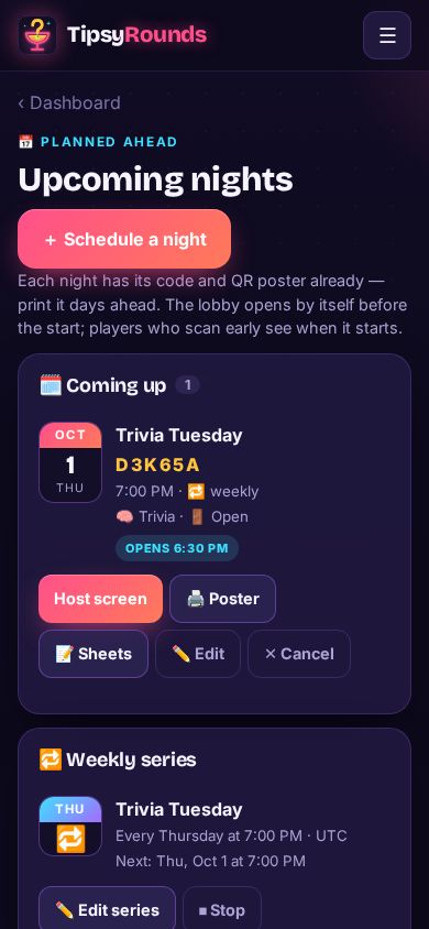 The Upcoming nights list with Host screen, Poster, Edit and Cancel