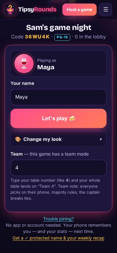 The join screen’s Team field with 4 typed in