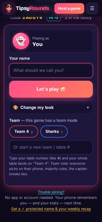 Team chips on the join screen: Team 4 and Sharks