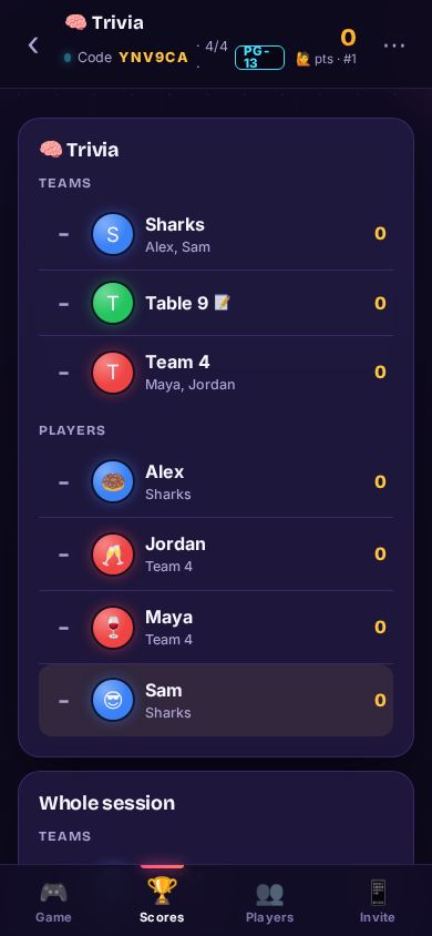 The host Scores tab with teams and players