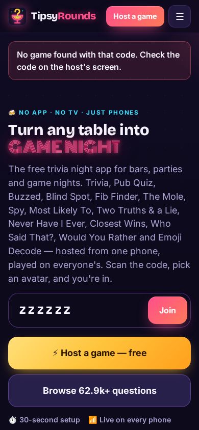 The home page saying no game was found with that code