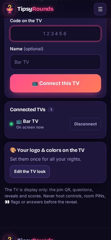 The Connected TVs list with a green dot next to Bar TV