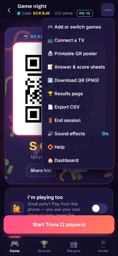 The host ⋯ menu with Connect a TV
