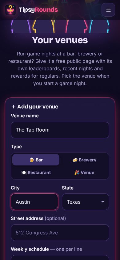 The Add your venue form with name, type and city