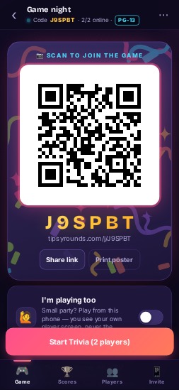 Host phone showing the join QR code and the players in the lobby