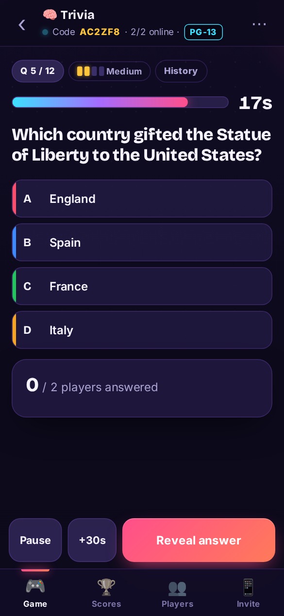 Host phone showing the trivia question, the timer and how many players have answered