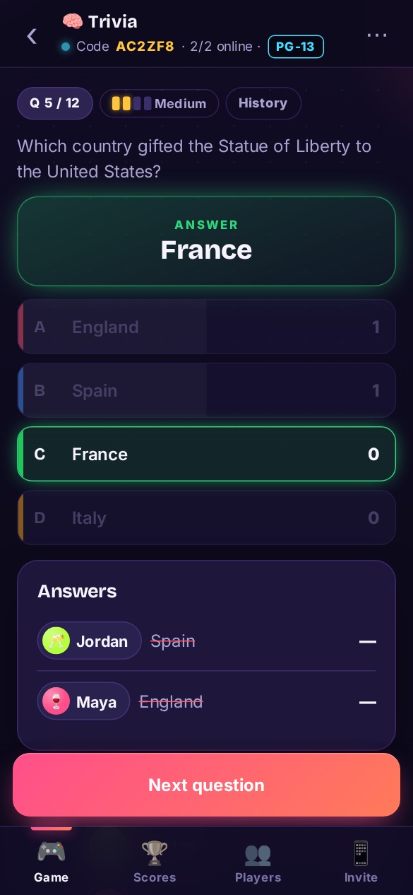 Host phone revealing the correct answer with each player’s pick and points