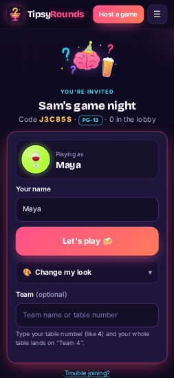 Player phone picking a name and avatar to join