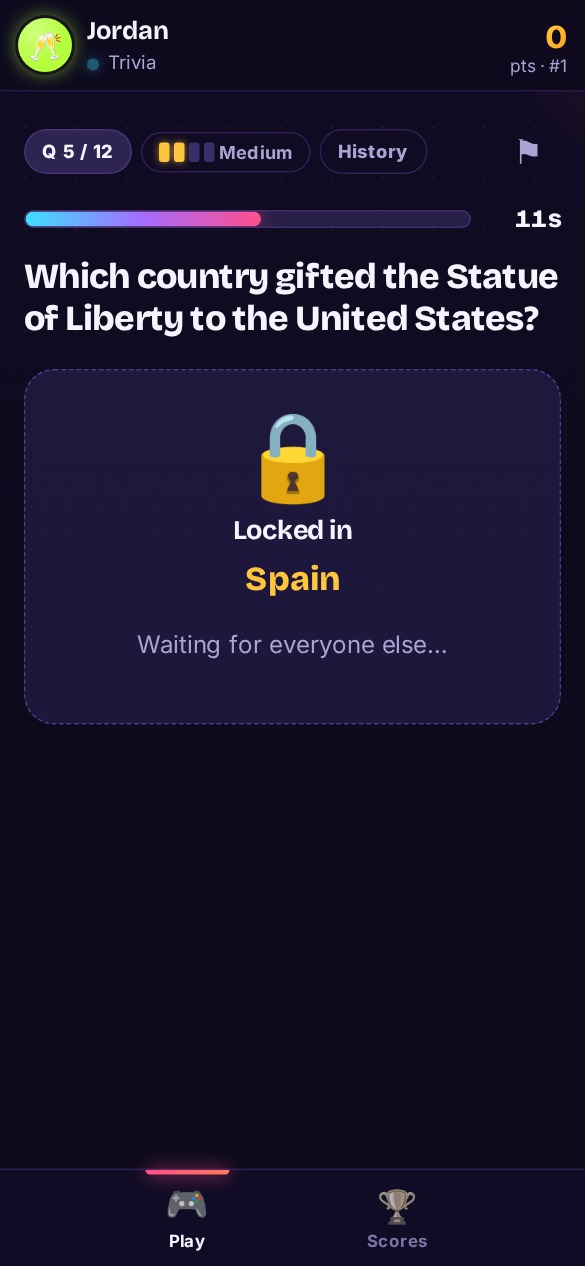 Player phone showing their answer locked in while waiting for everyone else