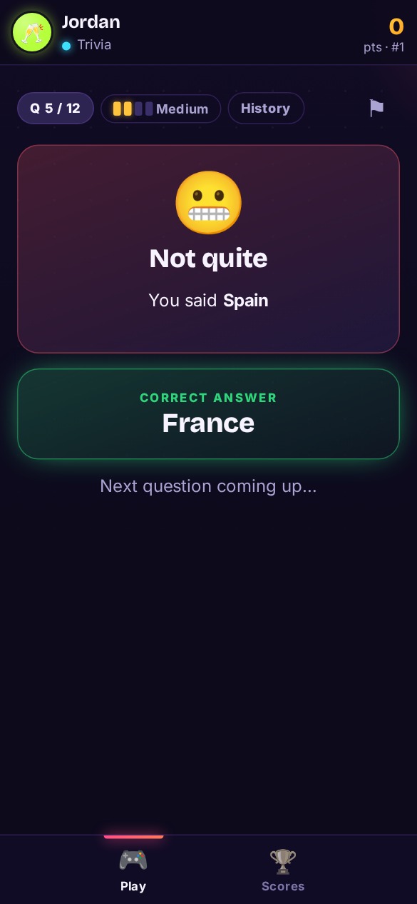Player phone showing a missed trivia answer and the live scoreboard position