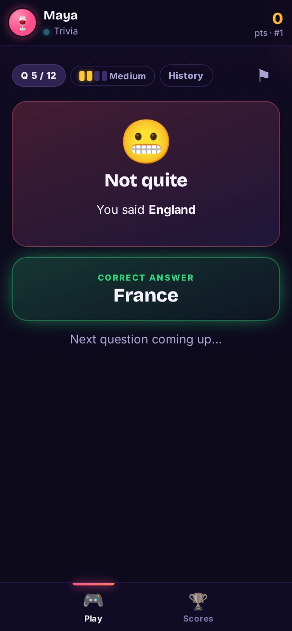 Player phone showing whether their trivia answer was right and the points they won